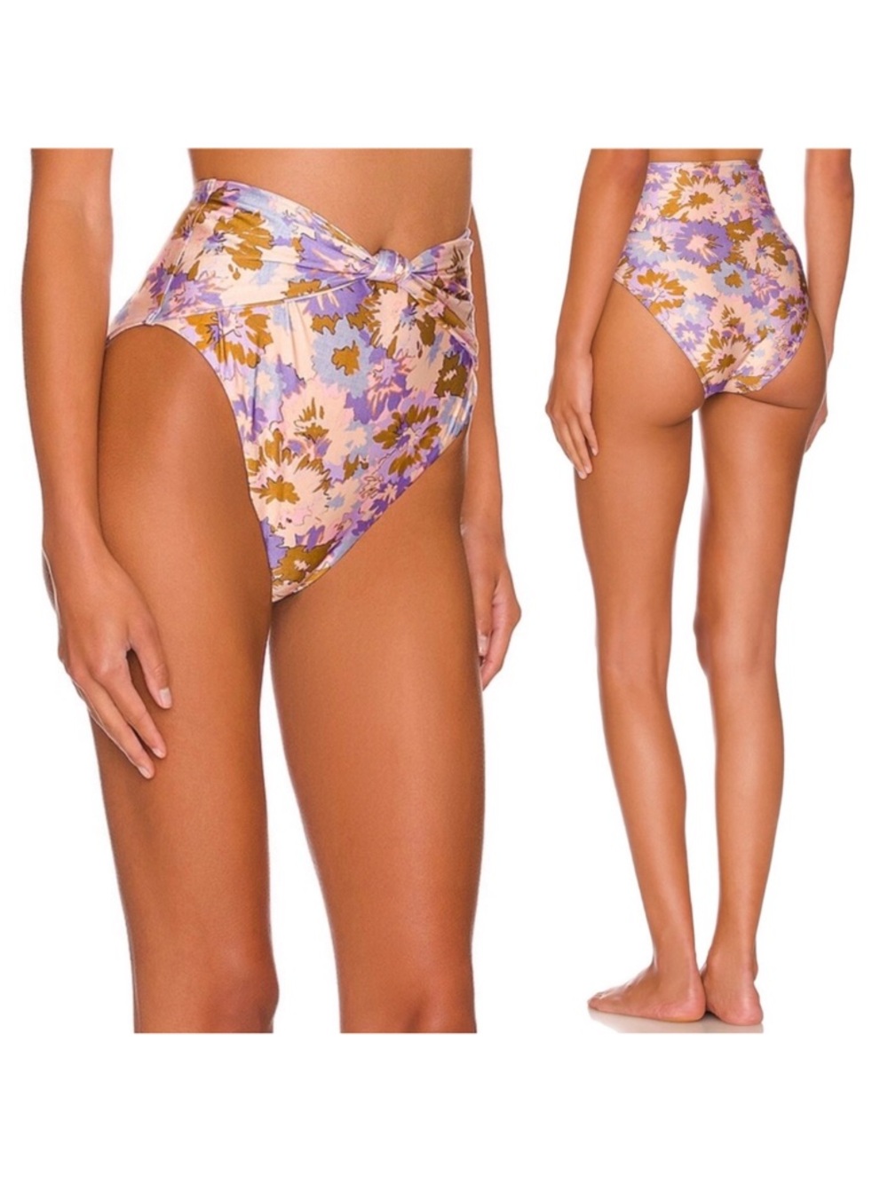 Zimmermann High Waisted Floral Knot Bikini Bottoms - Olive, Pink, Lilac - Picture 7 of 13